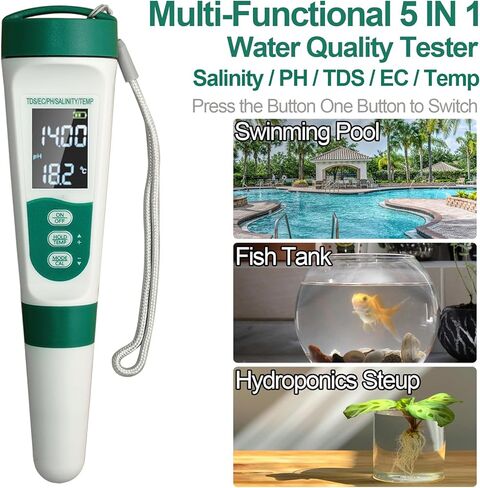 عرض اختبار Water Meter Watter 5 في 1 ، الوظائف: PH ، TDS ، EC ، Salt ، Temp ، IPX5 مقاوم للماء ، دقة عالية مع 3 مساحيق للمعايرة ، لمسبح المياه المالحة ، أحواض المياه الساخنة ، SPAs ، Aquarium ، نظام الزراعة المائية in Kuwait