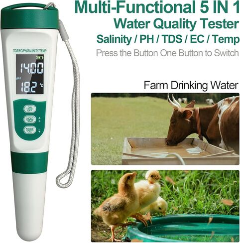عرض اختبار Water Meter Watter 5 في 1 ، الوظائف: PH ، TDS ، EC ، Salt ، Temp ، IPX5 مقاوم للماء ، دقة عالية مع 3 مساحيق للمعايرة ، لمسبح المياه المالحة ، أحواض المياه الساخنة ، SPAs ، Aquarium ، نظام الزراعة المائية in Kuwait