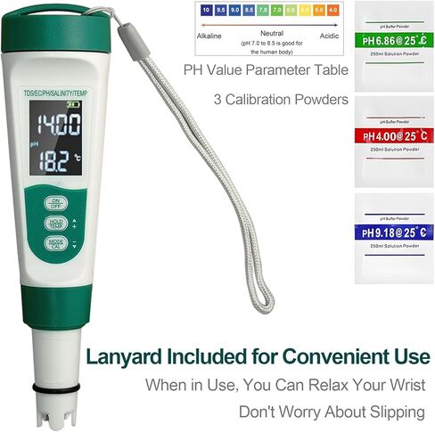 عرض اختبار Water Meter Watter 5 في 1 ، الوظائف: PH ، TDS ، EC ، Salt ، Temp ، IPX5 مقاوم للماء ، دقة عالية مع 3 مساحيق للمعايرة ، لمسبح المياه المالحة ، أحواض المياه الساخنة ، SPAs ، Aquarium ، نظام الزراعة المائية in Kuwait
