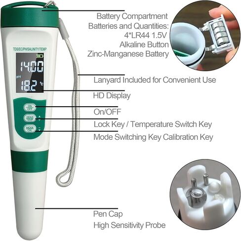 عرض اختبار Water Meter Watter 5 في 1 ، الوظائف: PH ، TDS ، EC ، Salt ، Temp ، IPX5 مقاوم للماء ، دقة عالية مع 3 مساحيق للمعايرة ، لمسبح المياه المالحة ، أحواض المياه الساخنة ، SPAs ، Aquarium ، نظام الزراعة المائية in Kuwait