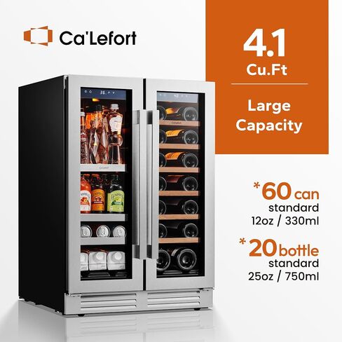 Ca'lefort 24 بوصة ثلاجة نبيذ ومشروبات ، 60 علبة و 20 زجاجة نبيذ الثلاجة 36-72 درجة فهرنهايت ، 3 مؤشرات مضتمة بارد نبيذ مزدوج مع باب زجاجي ، ثلاجة ضاغط مدمج للمنزل/المطبخ (4.10 متر مكعب) in Kuwait