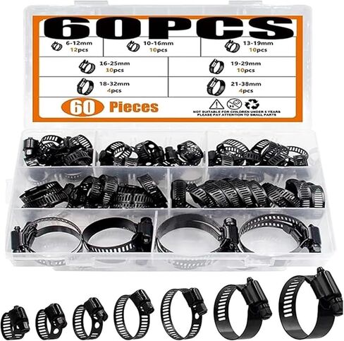 Clamp Assortment Kit 60 Stainless Steel Hose Clamps Adjustable From 6-38 Mm Hose Clamps For Woodworking Spring Black in Saudi Arabia