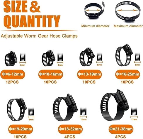 Clamp Assortment Kit 60 Stainless Steel Hose Clamps Adjustable From 6-38 Mm Hose Clamps For Woodworking Spring Black in Saudi Arabia