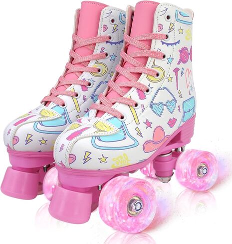 jessie Girl Roller Skates for Kid, PU Leather Flash Rainbow Adjustable Roller Skates Girls Ages 5-12 Four-Wheel Beginner Adult Indoor Outdoor in Saudi Arabia
