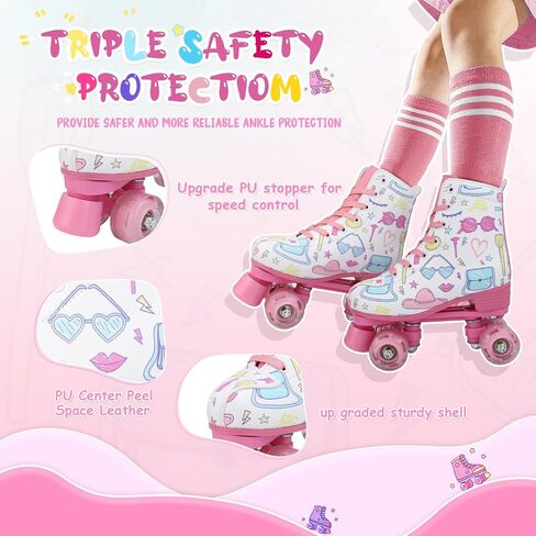 jessie Girl Roller Skates for Kid, PU Leather Flash Rainbow Adjustable Roller Skates Girls Ages 5-12 Four-Wheel Beginner Adult Indoor Outdoor in Saudi Arabia