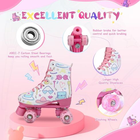 jessie Girl Roller Skates for Kid, PU Leather Flash Rainbow Adjustable Roller Skates Girls Ages 5-12 Four-Wheel Beginner Adult Indoor Outdoor in Saudi Arabia