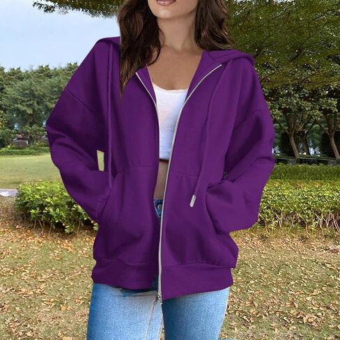 Tops for Women Zip Up Hooded Sweatshirt Ladies Solid Color Long Sleeve Casual Loose Lightweight Jacket with Pockets in Saudi Arabia