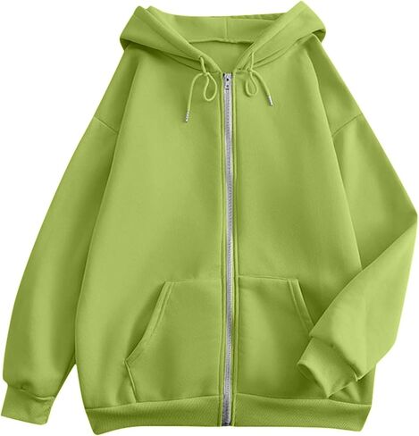 Tops for Women Zip Up Hooded Sweatshirt Ladies Solid Color Long Sleeve Casual Loose Lightweight Jacket with Pockets in Saudi Arabia