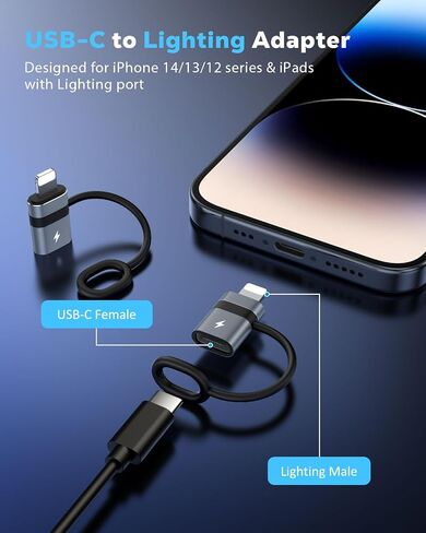 MoKo USB C to Lightning Adapter with 36W PD Fast Charging, Not for Audio/OTG, USB-C Female to Lightning Male Adapter for iPhone 14/13/12/11/iPad/iPod/AirPods, with Anti-Lost Loop, Black, 4 Pack in Saudi Arabia