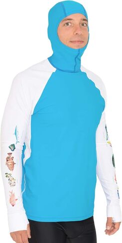 Tuga Men's Snorkel Hooded Rashguard, Caribbean Fish ID, UPF 50+, Made in USA in Saudi Arabia