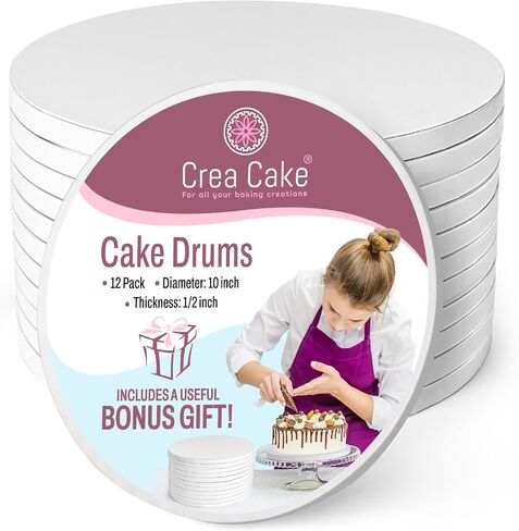 Crea Cake® 12 Pack Cake Boards 10 Inch Round - Sturdy 1/2" Thick Cake Drum, Food-Grade & Grease-Proof Cardboard Base Rounds, 10 inch Board, Drums for Multi-Layer, Tiered & Heavy Cakes, Glossy White in Saudi Arabia