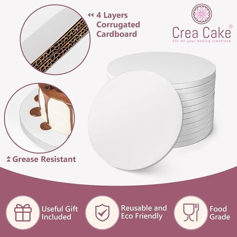 Crea Cake® 12 Pack Cake Boards 10 Inch Round - Sturdy 1/2" Thick Cake Drum, Food-Grade & Grease-Proof Cardboard Base Rounds, 10 inch Board, Drums for Multi-Layer, Tiered & Heavy Cakes, Glossy White in Saudi Arabia