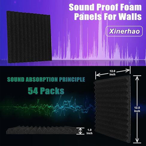 54 Pack Acoustic Foam Panels1 X 12 X 12Inches，noise absorption and reduction fireproof foam Suitable for studios, homes, recording studios，with 270PCS Double-Side Adhesive(black) in Saudi Arabia