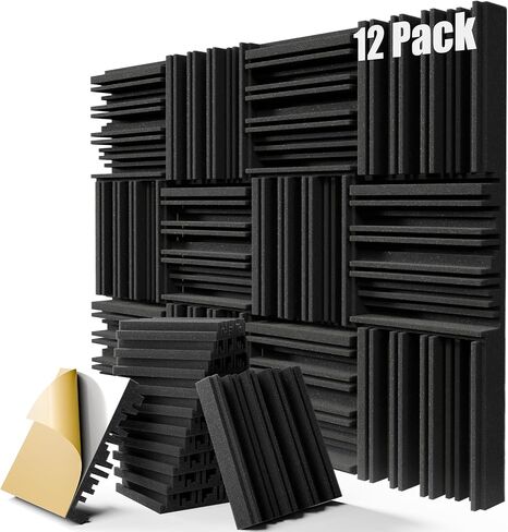 Upgrade 12 pack Self-adhesive Sound Proof Foam Panels,12" X 12" X 2" Acoustic Panels with High Density,Decorative Soundproof Wall Panels Studio Sound Absorbing Foam for Wall and Ceiling(Black） in Kuwait