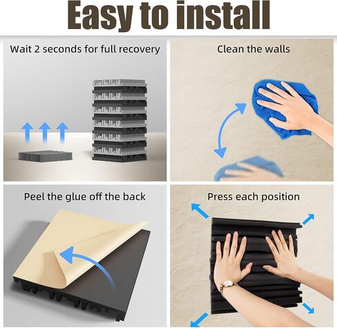 Upgrade 12 pack Self-adhesive Sound Proof Foam Panels,12" X 12" X 2" Acoustic Panels with High Density,Decorative Soundproof Wall Panels Studio Sound Absorbing Foam for Wall and Ceiling(Black） in Kuwait