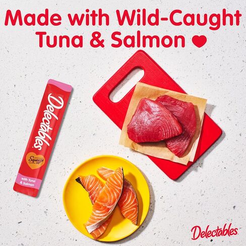 Delectables Squeeze Up Creamy Squeezable Puree, Lickable Wet Cat Treats, Grain Free, No Added Fillers, No By-Products, No Added Preservatives, 0.5 Ounces Tuna & Salmon, 32 Tubes Total in Kuwait
