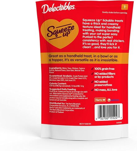 Delectables Squeeze Up Creamy Squeezable Puree, Lickable Wet Cat Treats, Grain Free, No Added Fillers, No By-Products, No Added Preservatives, 0.5 Ounces Tuna & Salmon, 32 Tubes Total in Kuwait