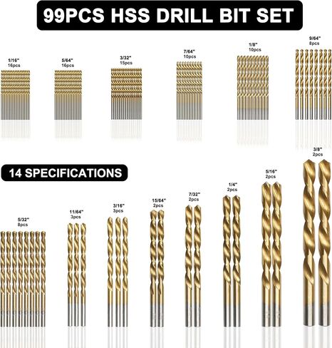 مجموعة بتات 99 PCS (1/16 "-3/8") ، 135 درجة من الفولاذ الطرف المغلفة عالي السرعة ، طقم بت تويست للحديد ، سبيكة الألومنيوم ، النحاس ، الخشب ، البلاستيك ، مع التخزين الصلب in Kuwait