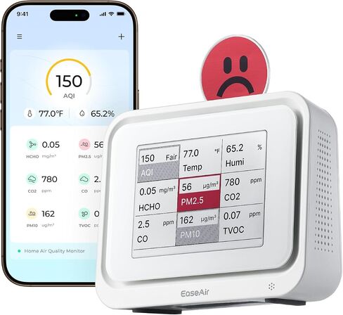مراقبة جودة الهواء الداخلية ، اختبار محمول لـ CO2 ، CO ، PM2.5 ، PM10 ، HCHO ، TVOC ، TEMP & HUMI ​​، عرض إلكتروني مع مؤشرات رموز تعبيرية 3 ألوان ، التحكم في تطبيق WIFI ، عداد جودة الهواء للمنزل/المكتب in Saudi Arabia