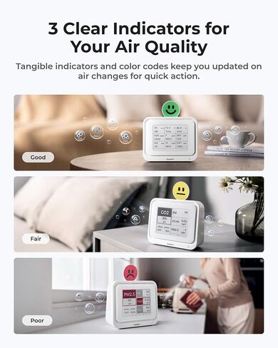 مراقبة جودة الهواء الداخلية ، اختبار محمول لـ CO2 ، CO ، PM2.5 ، PM10 ، HCHO ، TVOC ، TEMP & HUMI ​​، عرض إلكتروني مع مؤشرات رموز تعبيرية 3 ألوان ، التحكم في تطبيق WIFI ، عداد جودة الهواء للمنزل/المكتب in Saudi Arabia