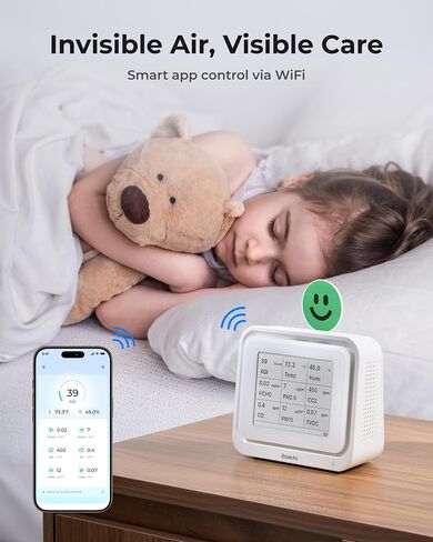 مراقبة جودة الهواء الداخلية ، اختبار محمول لـ CO2 ، CO ، PM2.5 ، PM10 ، HCHO ، TVOC ، TEMP & HUMI ​​، عرض إلكتروني مع مؤشرات رموز تعبيرية 3 ألوان ، التحكم في تطبيق WIFI ، عداد جودة الهواء للمنزل/المكتب in Saudi Arabia