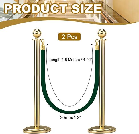 MECCANIXITY Velvet Stanchion Rope 5 Ft/1.5 M, Barrier Rope Velvet Carpet Ropes with Snap Hooks for Posts Stands Queue Divider Crowd Control, Green Golden Pack of 2 in Kuwait