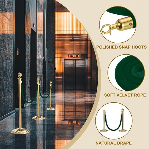 MECCANIXITY Velvet Stanchion Rope 5 Ft/1.5 M, Barrier Rope Velvet Carpet Ropes with Snap Hooks for Posts Stands Queue Divider Crowd Control, Green Golden Pack of 2 in Kuwait