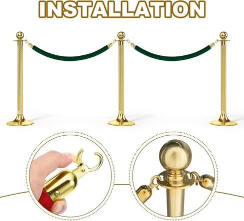 MECCANIXITY Velvet Stanchion Rope 5 Ft/1.5 M, Barrier Rope Velvet Carpet Ropes with Snap Hooks for Posts Stands Queue Divider Crowd Control, Green Golden Pack of 2 in Kuwait