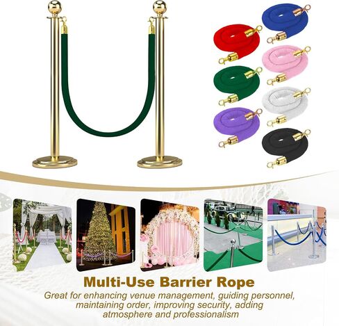 MECCANIXITY Velvet Stanchion Rope 5 Ft/1.5 M, Barrier Rope Velvet Carpet Ropes with Snap Hooks for Posts Stands Queue Divider Crowd Control, Green Golden Pack of 2 in Kuwait