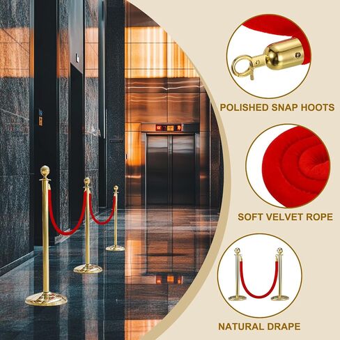 MECCANIXITY Velvet Stanchion Rope 5 Ft/1.5 M, Barrier Rope Velvet Carpet Ropes with Snap Hooks for Posts Stands Queue Divider Crowd Control, Green Golden Pack of 2 in Kuwait