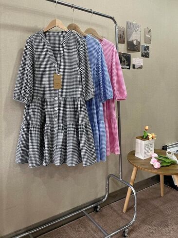 UTCOCO للسيدات 2025 ربيع الصيف فستان قميص منقوش بلود 3/4 نفخة الأكمام زر أسفل فستان MIDI غير الرسمي مع جيوب in Kuwait