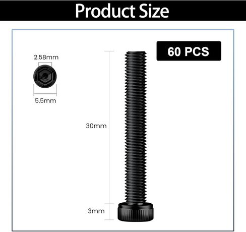 60Pcs M3x30mm Hex Socket Head Cap Screws Bolts,12.9 Alloy Steel Black Oxide,Allen Drive, Full Thread,with Hex Wrench, for Truck Suspension in Saudi Arabia