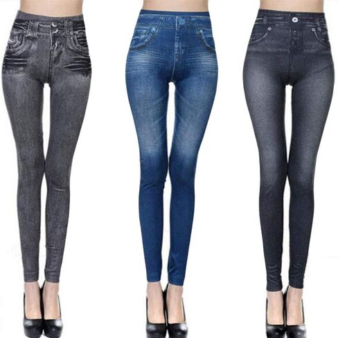 Jean Look Leggings for Women Full Length Tummy Control High Waisted Tights Stretchy Denim Pants Jeggings with Pocket in Kuwait