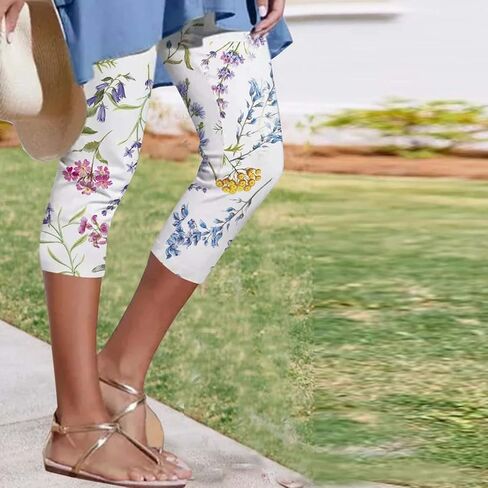 Capris النسائية لصيف الصيف مرنة الخصر محصول صالة اليوغا السراويل الأزهار طباعة بطانية طول الركبة طماق كابري in Kuwait