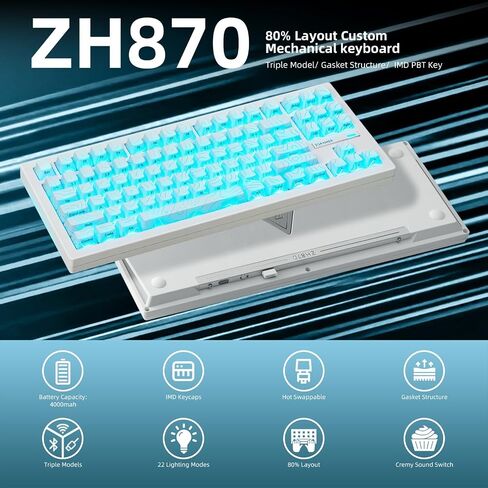 ZORNHER ZH870 Wireless Mechanical Gaming Keyboard,80% Black Custom Creamy Sound Keyboard with Shine Though Lighning IMD Keycaps,Pre-lubed Linear Switches,Hot-Swappable,RGB Backlit in Kuwait
