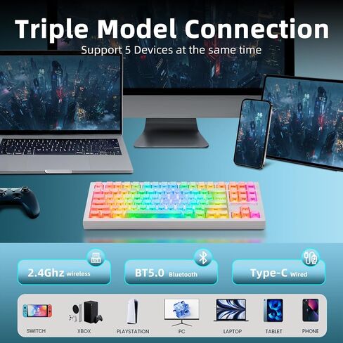 ZORNHER ZH870 Wireless Mechanical Gaming Keyboard,80% Black Custom Creamy Sound Keyboard with Shine Though Lighning IMD Keycaps,Pre-lubed Linear Switches,Hot-Swappable,RGB Backlit in Kuwait