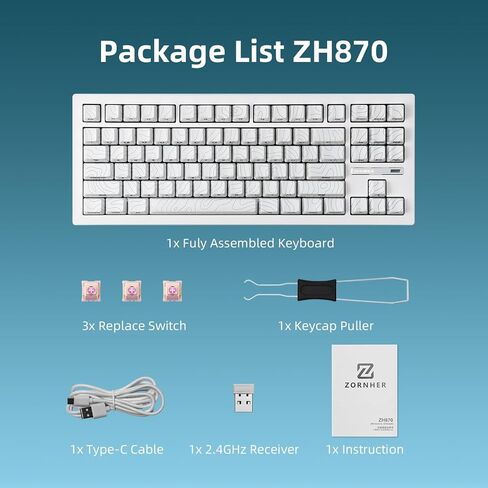 ZORNHER ZH870 Wireless Mechanical Gaming Keyboard,80% Black Custom Creamy Sound Keyboard with Shine Though Lighning IMD Keycaps,Pre-lubed Linear Switches,Hot-Swappable,RGB Backlit in Kuwait