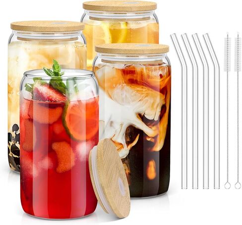 sungwoo 4PCS Glass Cups with Bamboo Lids and Straws, 16OZ Ice Coffee Cup, Drinking Cup set with Wooden Lids, Home Essential Glass Tumblers for Beer, Cocktail, Tea and Latte Clear in Kuwait