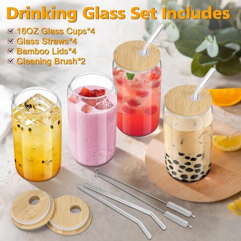 sungwoo 4PCS Glass Cups with Bamboo Lids and Straws, 16OZ Ice Coffee Cup, Drinking Cup set with Wooden Lids, Home Essential Glass Tumblers for Beer, Cocktail, Tea and Latte Clear in Kuwait