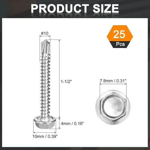 uxcell 25Pcs #10 x 1 Self Drilling Screws, 410 Stainless Steel Self Tapping Screws for Metal, Hex Washer Head Sheet Metal in Saudi Arabia