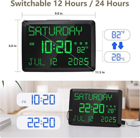 راينيك ساعة حائط رقمية باضاءة LED قابلة للتعتيم (11.5 انش كبيرة، 12/24 ساعة) in Kuwait