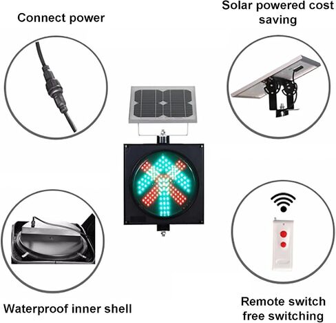 Industrial Solar Traffic Stop Light 1 Light X/Arrow, Red/Green Stop and Go Light with Remote Control, Industrial Signal Light with Solar Panel, for Intersections, Roads, in Saudi Arabia