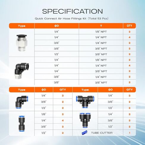 60pcs تجهيزات خرطوم الهواء Connect Quick 5/32 "1/4" 5/16 "3/8" 1/2 بوصة OD PNEUMATIC PRESS-TO-CONNECT TOPTERS LINE LINE 5/32 1/4 5/16 3/8 1/2 INC OD TUBE in Kuwait