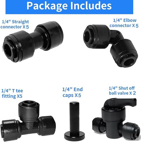 1/4 "O.D.Quick Connection Fitting,1/4" Push Connection Fitting,1/4 Water Line Fitting,Pipe Fitting for Reverse Osmosis Systems (Elbow + in-line + Triway + End Cap + on-Off Valve,22Pack) in Kuwait