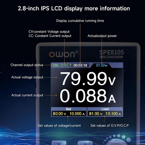 OWON Lab Power Supply (0-80V 0-20 A), Programmable Max 500w Out Power Bench DC Power Supply with 2.8inch LCD Display and Output Enable/Disable Button SPE8205 in Saudi Arabia