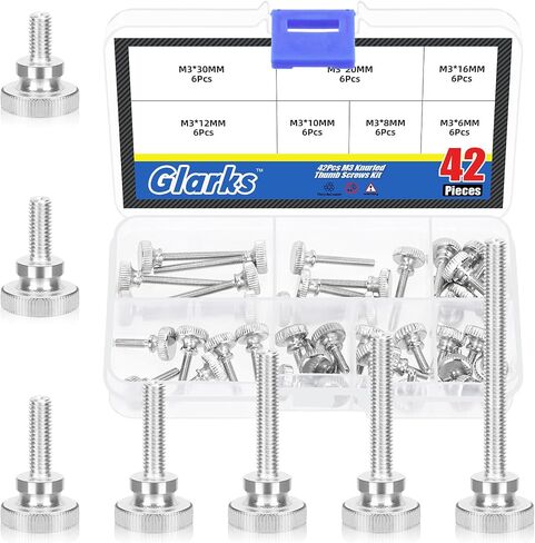 Glarks 42pcs M3 x 6/8/10/12/16/20/30MM Knurled Round Thumb Screws, Fully Threaded Thumb Screw Bolts, Flat Knurled Head Thumb Screws Bolts, Shoulder Grip Knobs Fasteners for Electronic, Mechanical in Saudi Arabia