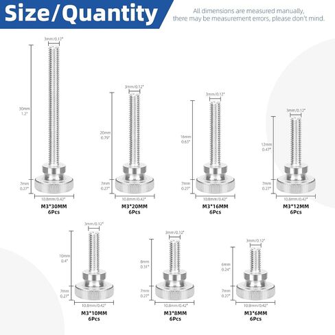 Glarks 42pcs M3 x 6/8/10/12/16/20/30MM Knurled Round Thumb Screws, Fully Threaded Thumb Screw Bolts, Flat Knurled Head Thumb Screws Bolts, Shoulder Grip Knobs Fasteners for Electronic, Mechanical in Saudi Arabia