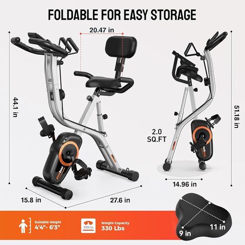 pooboo Exercise Bike, 3-in-1 Foldable Stationary Bike with Elliptical Mode, Adjustable Seat, Magnetic Resistance, Ultra-Quiet Indoor Bike with Rollers for Home Fitness and Rehab Training in Saudi Arabia