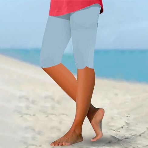 Capri Leggings for Women Knee Length Solid Soft Summer Beach Capri Yoga Pants High Waisted Lightweight Workout Tights in Kuwait