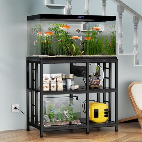 Reinforced 40-50 Gallon Aquarium Stand with Power Outlet | Ultra-Stable 750LBS Capacity Metal Fish Tank Stand for Reptile/Aquatic Setups | 5-Tier Adjustable 37"x19" Steel Shelving System in Kuwait